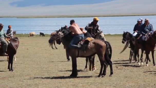 SONG KOL, KYRGYZSTAN - JULI 25, 2018: Paardenworstelen op het National Horse Games Festival aan de oevers van Son Kol Lake — Stockvideo