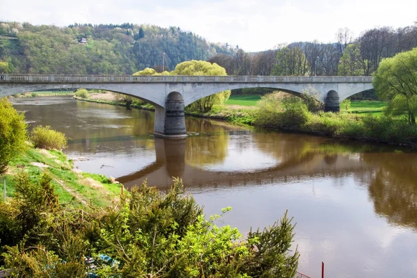 Rio Berounka com uma ponte — Fotografia de Stock