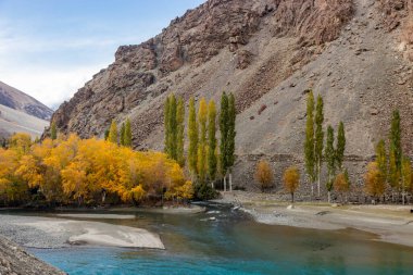 Pakistan 'ın Phander Vadisi' ndeki Gilgit nehrinin sonbahar manzarası
