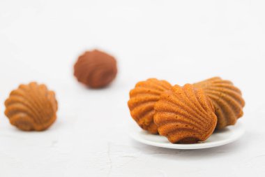 Fırın, yemek ve yeme konsepti için beyaz arka planda belirgin kabuk şekilli Madeleine kekleri