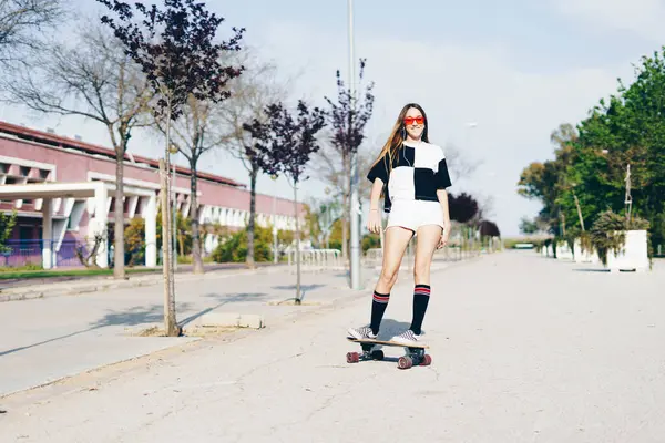 Spain Teenage Girl Riding Skateboard Road — Zdjęcie stockowe