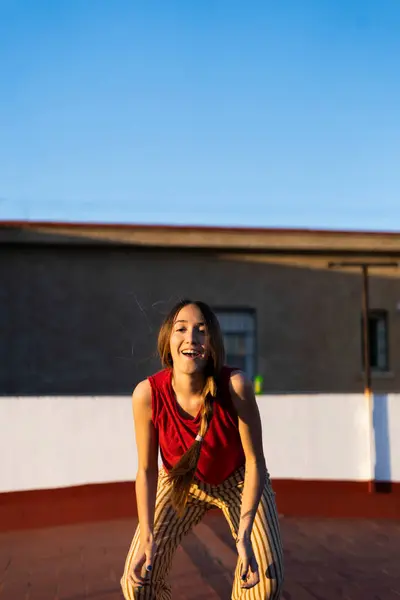 Portrait Happy Teenage Girl Roof Terrace Sunset — Φωτογραφία Αρχείου