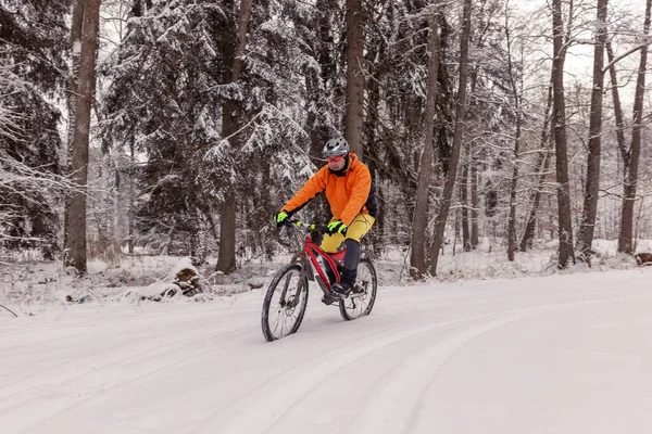 Man Riding Mountainbike Path Winter Forest — Stock Photo, Image