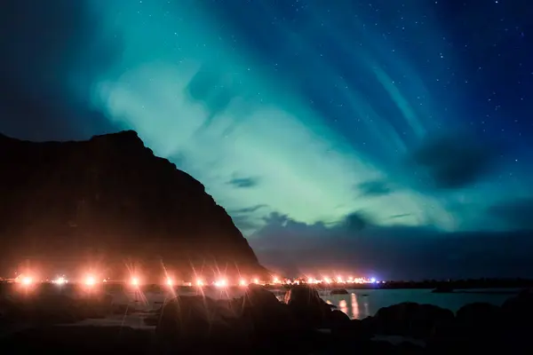 Norvège Îles Lofoten Eggum Aurores Boréales Sur Côte — Photo