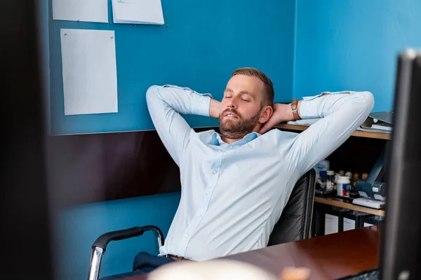 Tired Businessman Leaning Back Desk Office — 스톡 사진