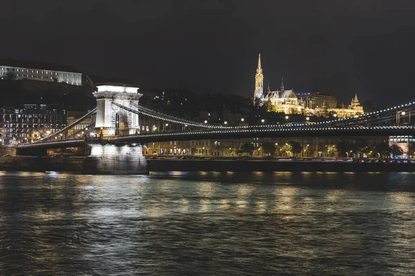 Danube Château Buda Pont Chaîne Nuit Budapest Hongrie — Photo