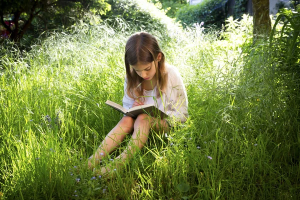 Petite Fille Assise Sur Une Prairie Lisant Livre — Photo