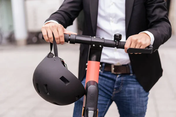 Close Businessman Scooter Helmet City — Stock Photo, Image