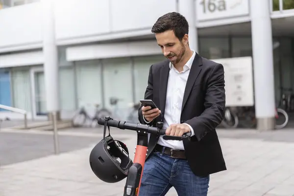 Businessman Scooter Using Cell Phone City — Stock Photo, Image