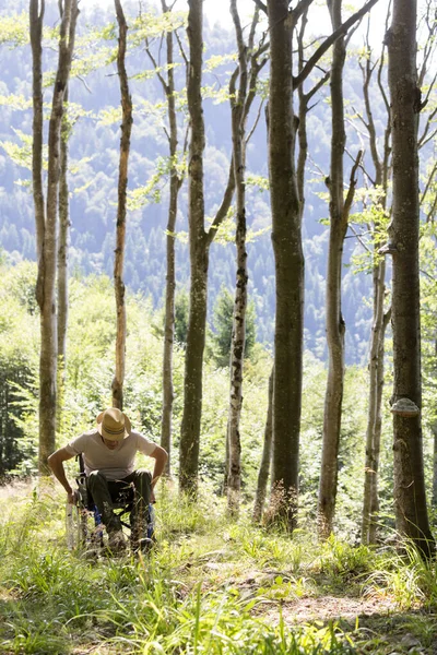 Homem Cadeira Rodas Floresta — Fotografia de Stock