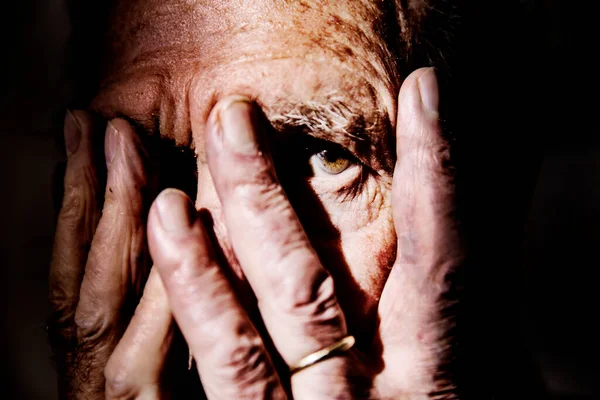 Senior Man Covering Face Hands Close — Stock Photo, Image