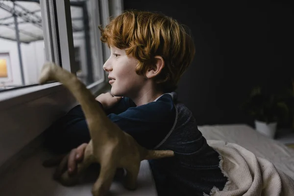 Sad Boy Leaning Window Sill Looking Out Window Evening — Stock Photo, Image