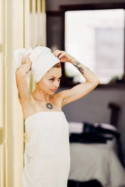 Tattooed Woman Home Hair Wrapped Towel — Stock Photo, Image