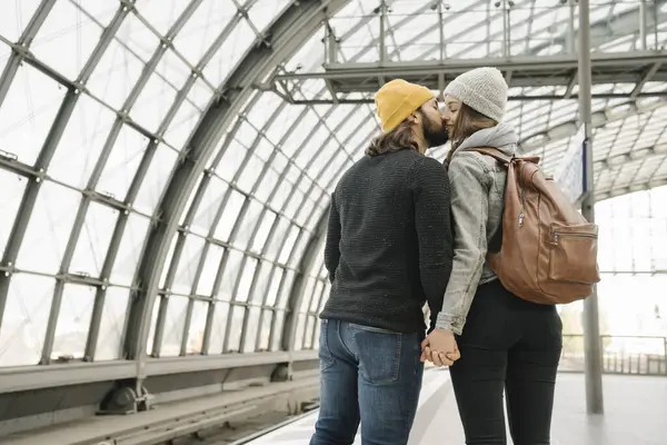 Young Couple Kissing Station Platform Berlin Germany — Stock Photo, Image