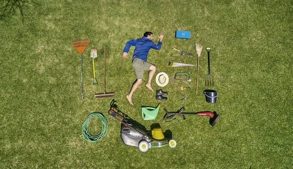View Gardener Laying Grass All Tools Need Take Care Garden — Stock Photo, Image
