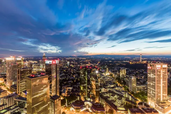 Illuminated Cityscape Cloudy Sky Night Frankfurt Hesse Germany — Stock Photo, Image