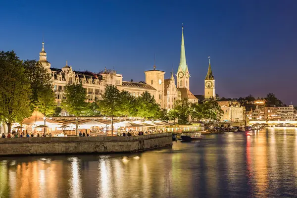 Switzerland Canton Zurich Zurich River Limmat Illuminated Old Town Waterfront — Stock Photo, Image