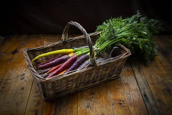 Cesta Mimbre Con Manojo Zanahorias Frescas Coloridas —  Fotos de Stock