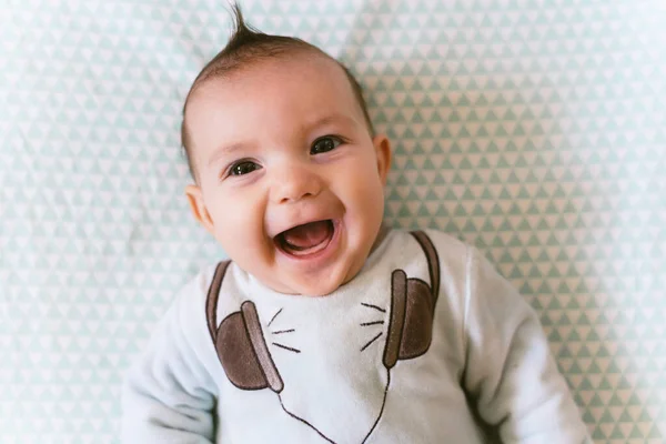 Portrait Laughing Baby Girl Appliqued Headphones Pajama — Stock Photo, Image