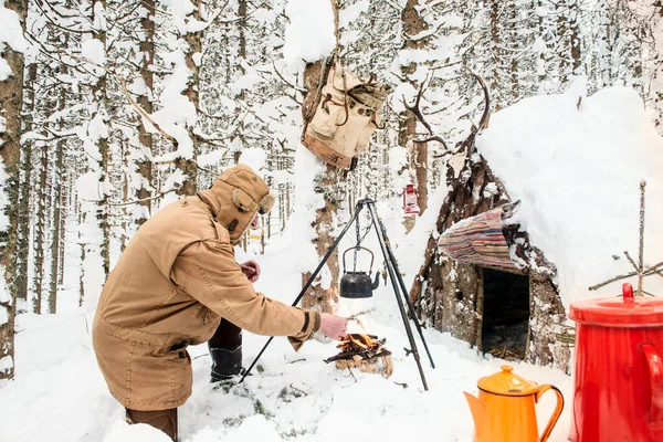 Man Preparing Tea Winter Forest Next Wooden Shelter Salzburg State — Stock Photo, Image