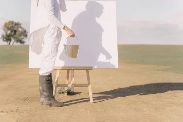 Young Woman Dry Field Starting Paint White Canvas — Stock Photo, Image