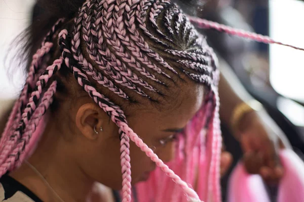 Young Woman Pink Braids Close — Stock Photo, Image