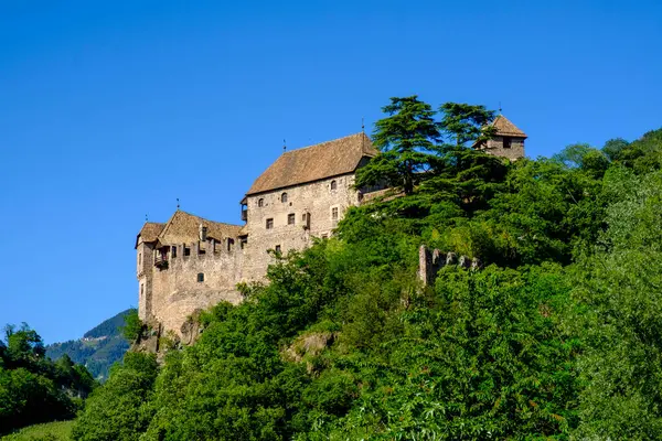 Itália Tirol Sul Sarntal Árvores Verdes Contra Castelo Runkelstein — Fotografia de Stock