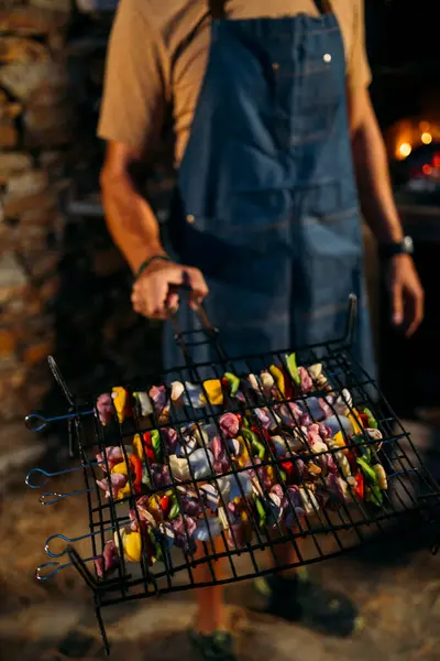 Close Man Holding Grill Meat Vegetable Skewers — Stock Photo, Image