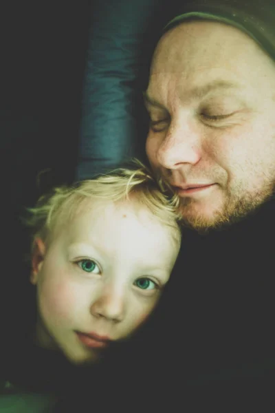 Portrait Little Boy His Father Lying Tent — Stock Photo, Image