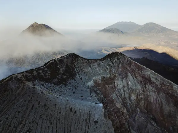 Indonesia Java Aerial View Smoke Floating Mountains Surrounding Ijen Volcano — Stock Photo, Image