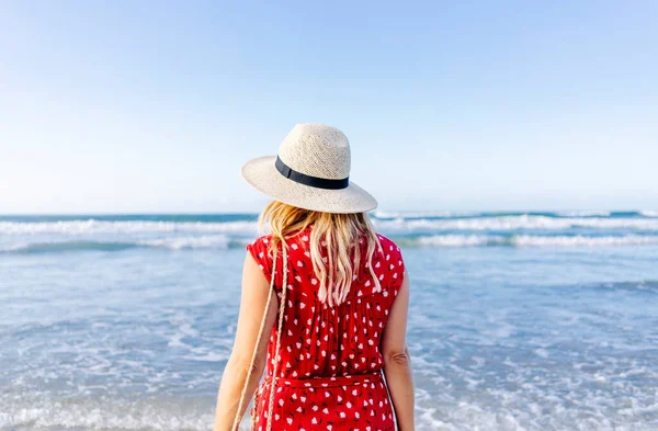 Blond Woman Wearing Red Dress Hat Walking Beach Playa Las — Stock Photo, Image