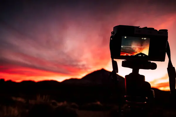 Espanha Tenerife Câmera Tripé Paisagem Pôr Sol — Fotografia de Stock