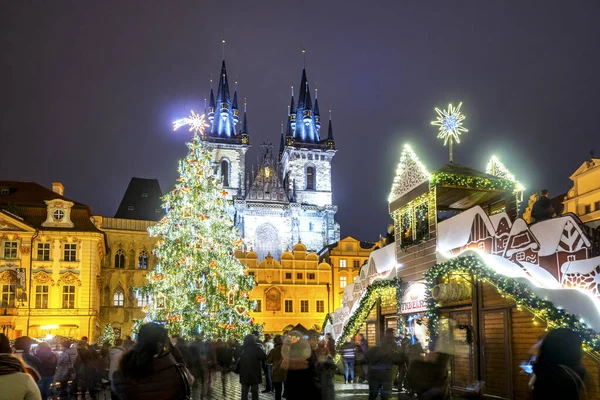 Tsjechië Praag Kerstmarkt Nachts — Stockfoto