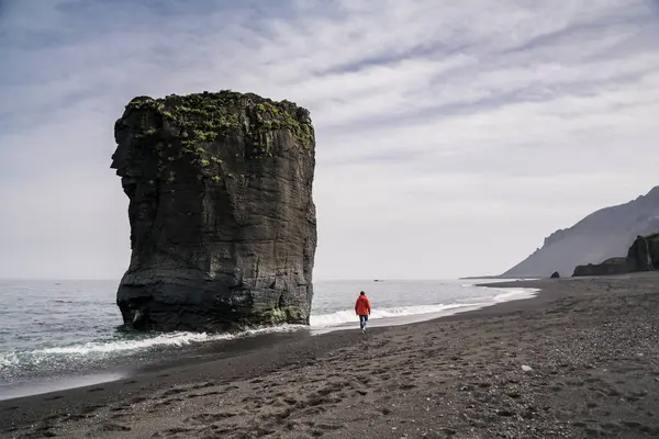 Женщина Лавовом Пляже Юго Восточной Исландии Гуляющая Морю — стоковое фото
