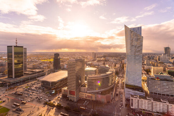 View to Warsaw city center from the Palace of Culture and Science at twilight, Warsaw, Poland