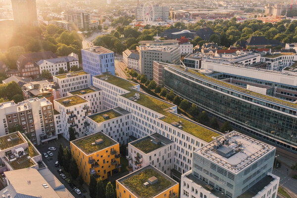 Germany, Hamburg, Aerial view of Neustadt apartment buildings