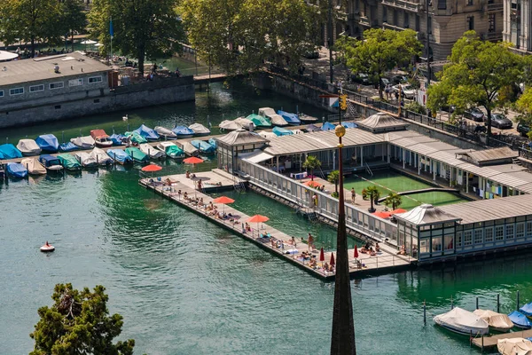 Switzerland Canton Zurich Zurich Swimming Pool Boats Limmat River — Stock Photo, Image