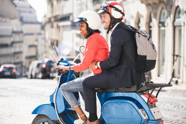 Happy Young Business Couple Riding Motor Scooter City Lisbon Portugal — Stock Photo, Image