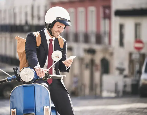 Smiling Young Businessman Motor Scooter Using Cell Phone City Lisbon — Stock Photo, Image