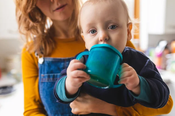 Portrait Drinking Baby Boy Being Held His Mother — Stock Photo, Image