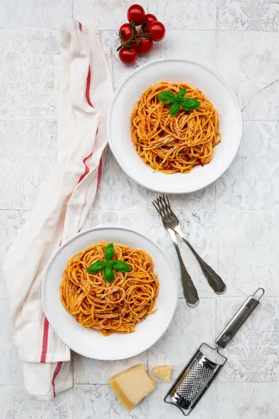 Plates Spaghetti Tomato Sauce Parmesan Cheese Basil — Stock Photo, Image