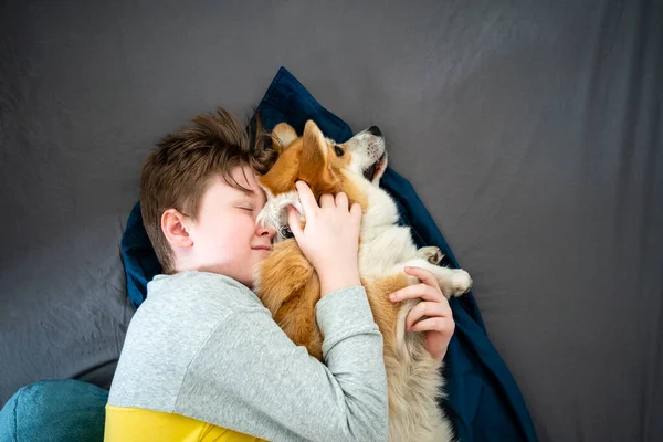 Портрет Хлопчика Лежить Ліжку Придушуючи Собаку — стокове фото