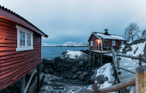 Cabanas Pesca Costa Lofoten Noruega — Fotografia de Stock