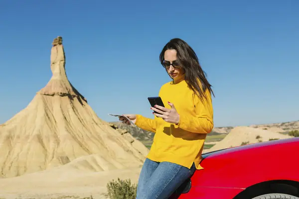 Woman Looking Cell Phone Desertic Landscape Bardenas Reales Arguedas Navarra — Stock Photo, Image