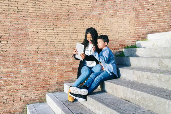 Mother Son Sitting Together Stairs Taking Selfie Digital Tablet — Stockfoto