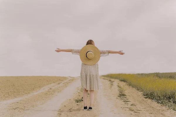 田舎の遠隔地の道路で 麦藁帽子とヴィンテージのドレスを持つ女性の背面図 — ストック写真