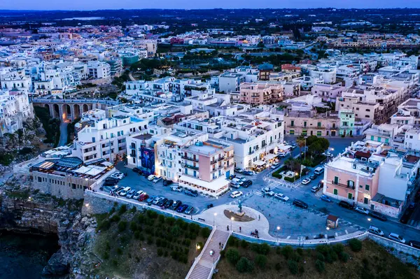 Italy Polignano Mare Helicopter View Buildings Parking Lot Coastal Town — Stock Photo, Image