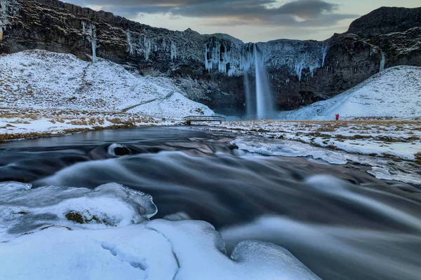Islandia Długa Ekspozycja Seljalandsfoss Zimą — Zdjęcie stockowe