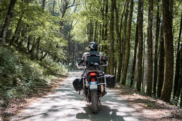 Motociclista Uma Viagem Uma Estrada Florestal — Fotografia de Stock