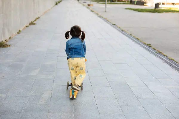 Back View Little Girl Scooter Pavement — Stock Photo, Image